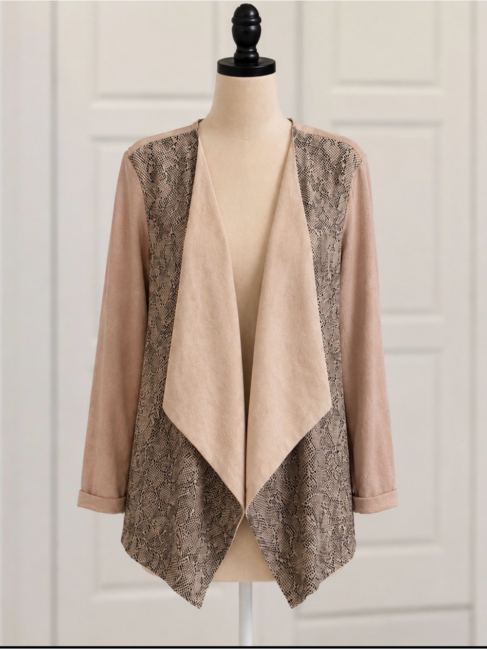 INC International Concepts Taupe and Snake Print Open-Front Drape Cardigan